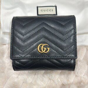 NWT Gucci GG Marmont Medium Leather Wallet with Double G Logo in Black & Gold